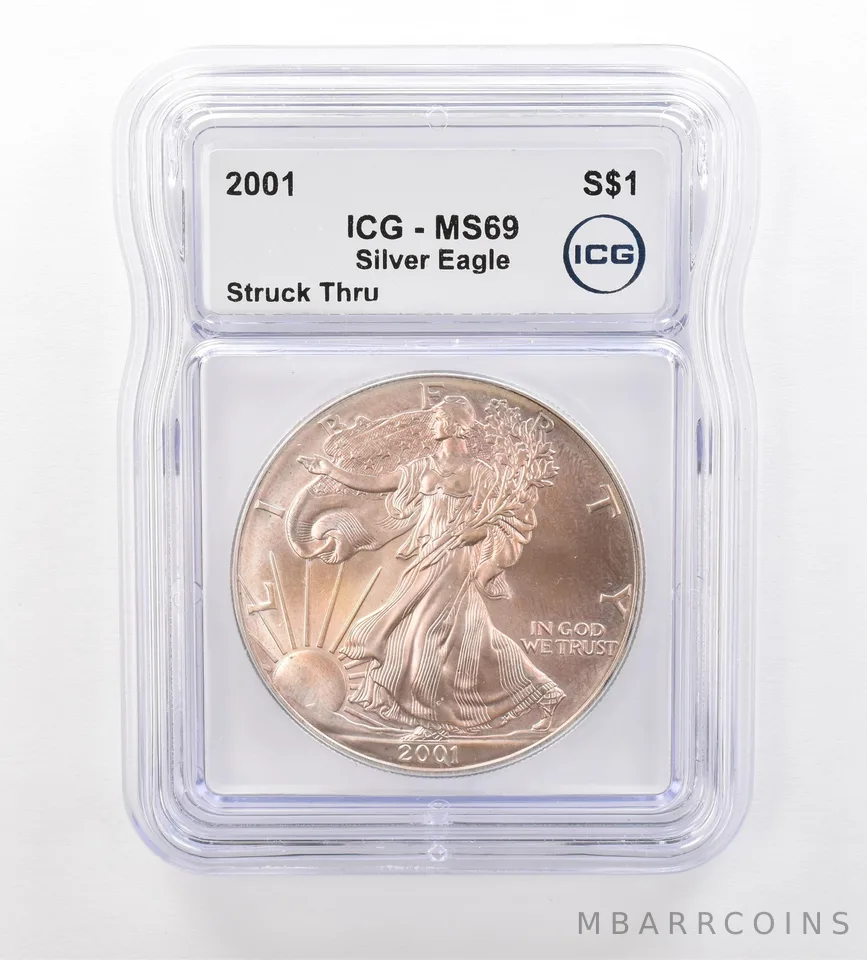 2001 American Silver Eagle Mint Error Struck Thru MS69 ICG Beautiful Tone *7508