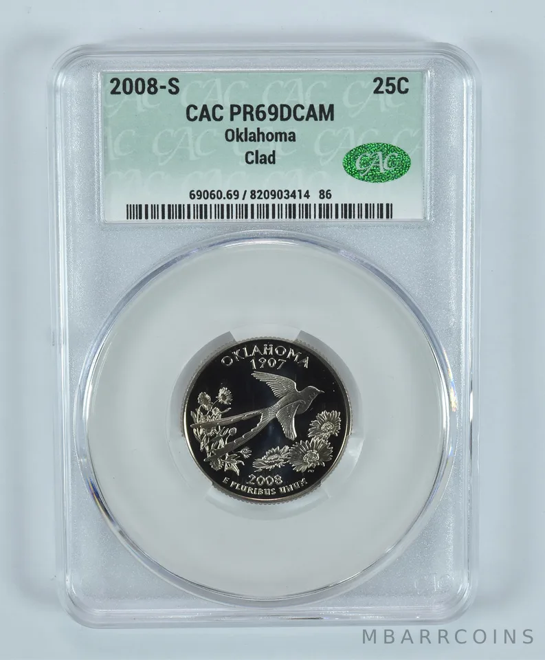 2008-S Washington State Quarter Oklahoma CLAD PR69 DCAM CAC CACg