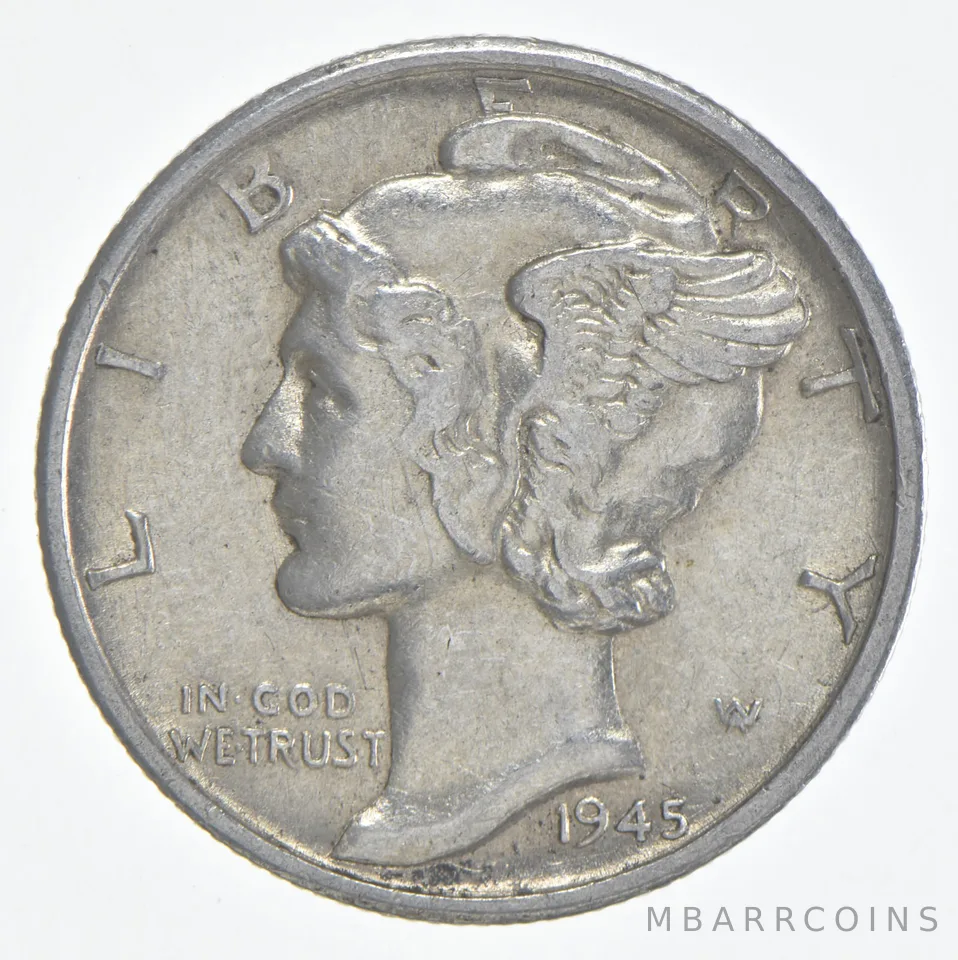 1945-S Mercury Dime 90% Silver AU Almost Unc