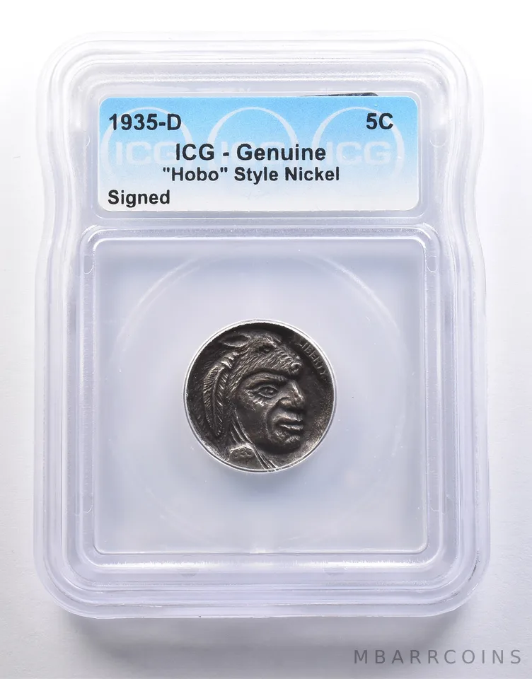 1935-D Indian Head Buffalo Nickel "Hobo" Style Signed Genuine ICG *6573