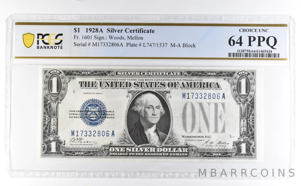 1928 A $1 Silver Certificate Fr#1601 Choice Unc 64 PPQ PCGS *4626