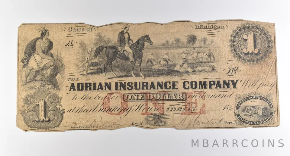 1863 $1 Adrian MI Adrian Insurance Company Obsolete Note *3815