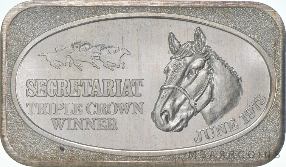 1973 1 Oz Silver Art Bar Secretariat Triple Crown Winner Vintage