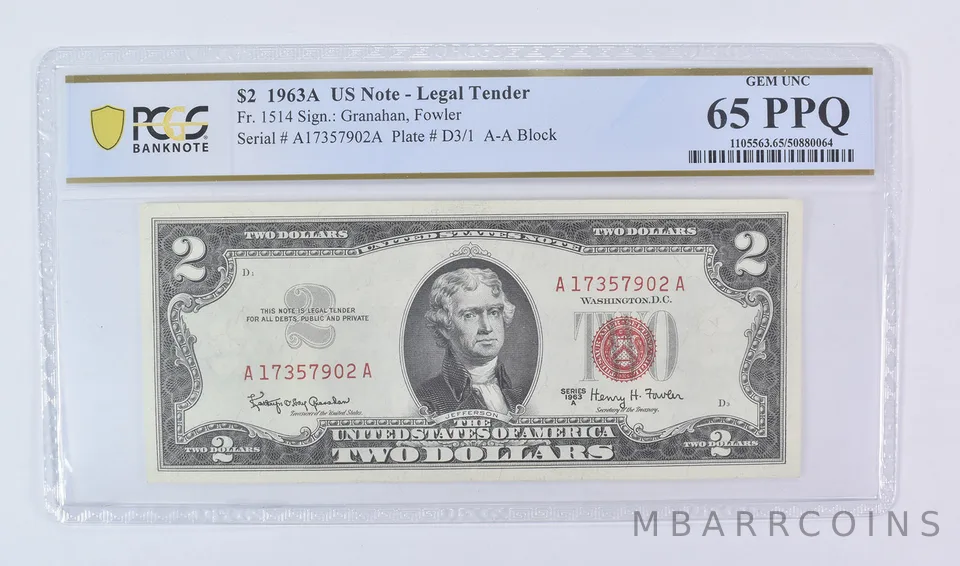 1963 A $2 US Legal Tender Fr#1514 Gem Unc 65 PPQ PCGS