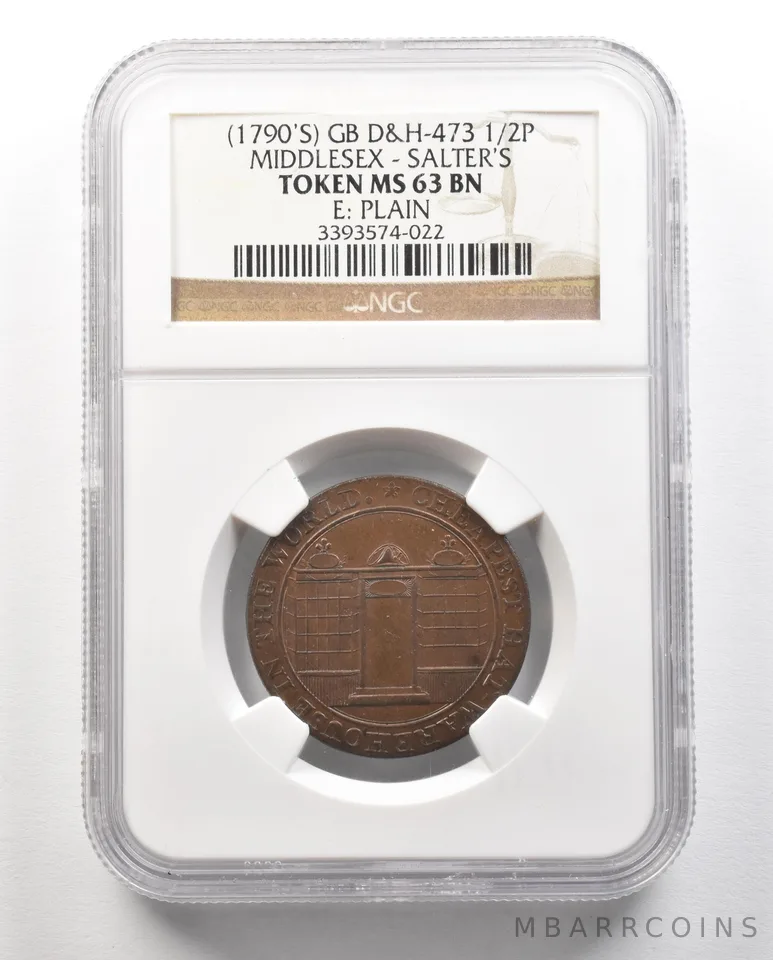 (1790s) G. Britain D&H-473 1/2 Penny Middlesex Salters Token MS63 BN NGC a4724