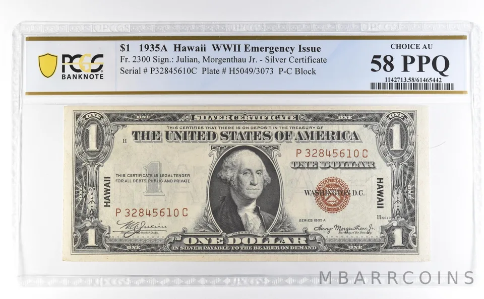 1935 A $1 Silver Certificate Hawaii WWII Emergency Fr#2300 AU 58 PPQ PCGS *4619