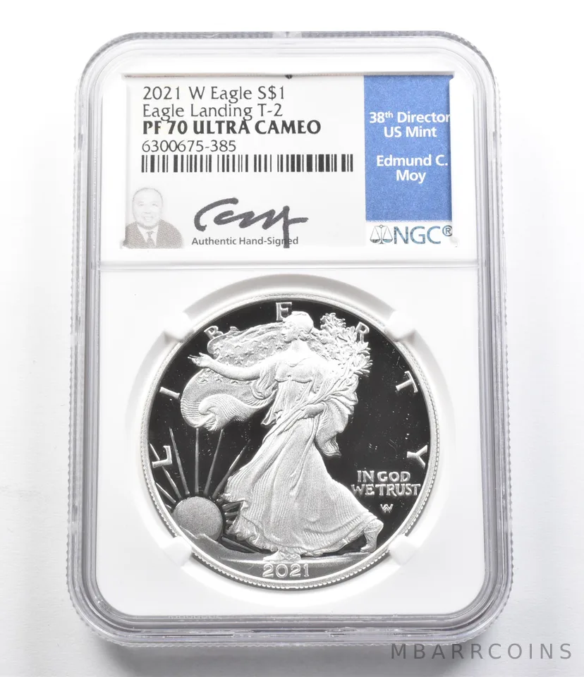 PF70 UCam 2021-W American Silver Eagle Landing T-2 Moy Signed NGC a5815