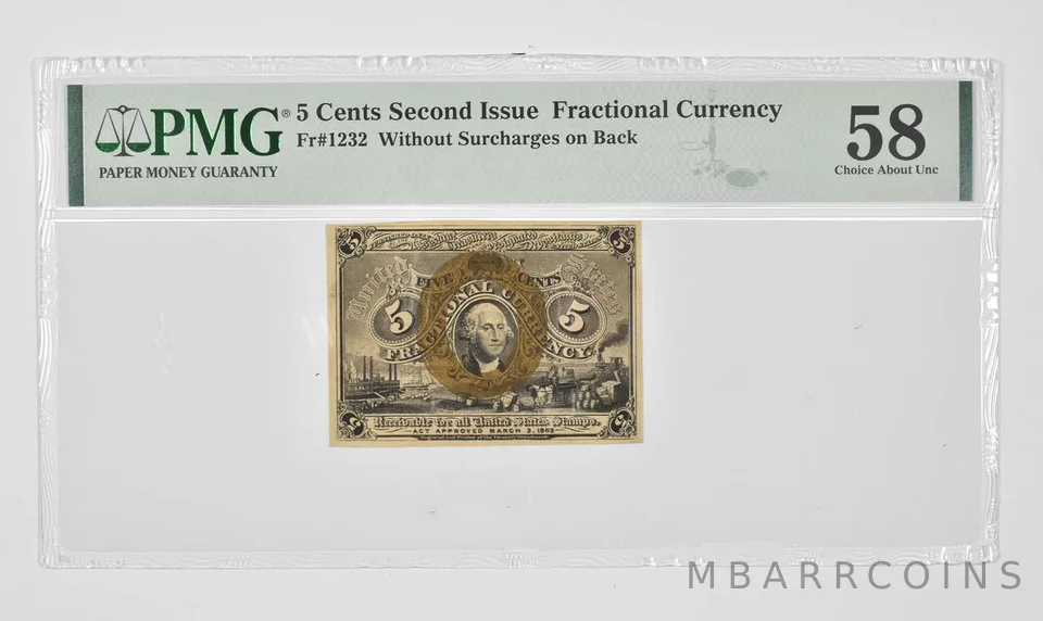 5 Cents 2nd Issue US Fractional Currency PMG 58 AU Fr# 1232 *0922