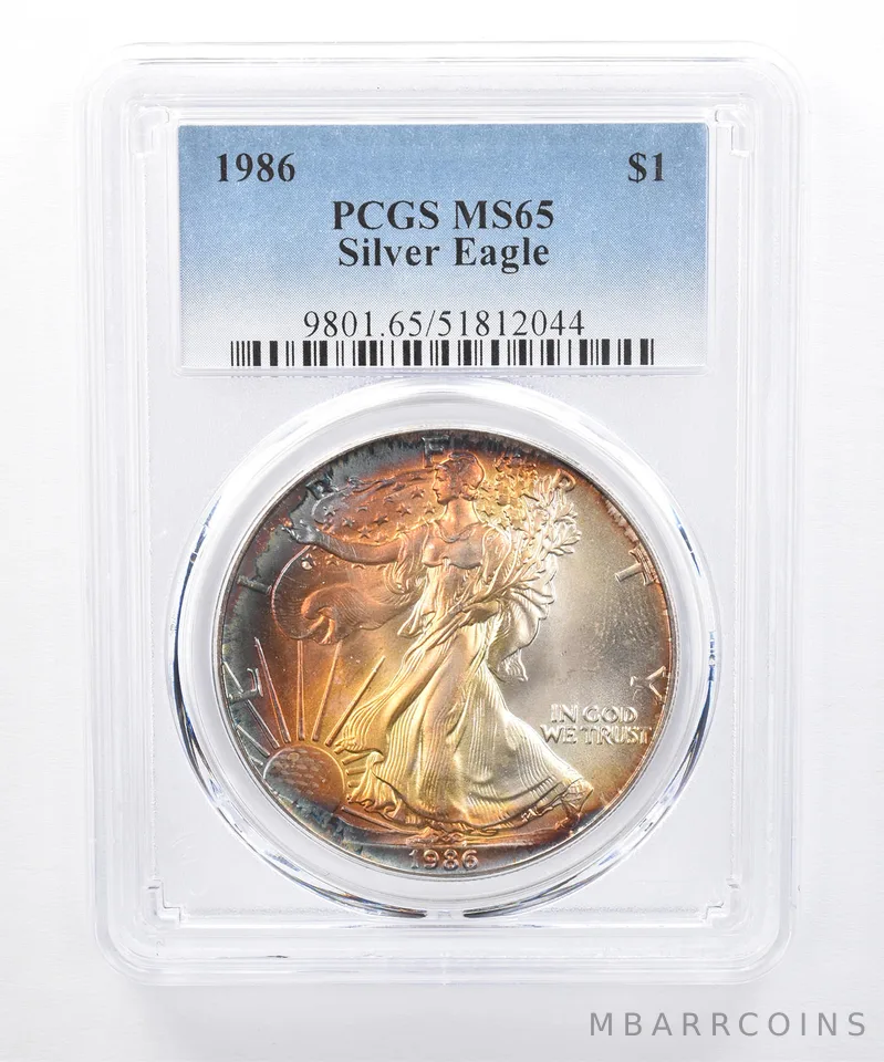 1986 American Silver Eagle MS65 PCGS Blue/Orange Tone *8500