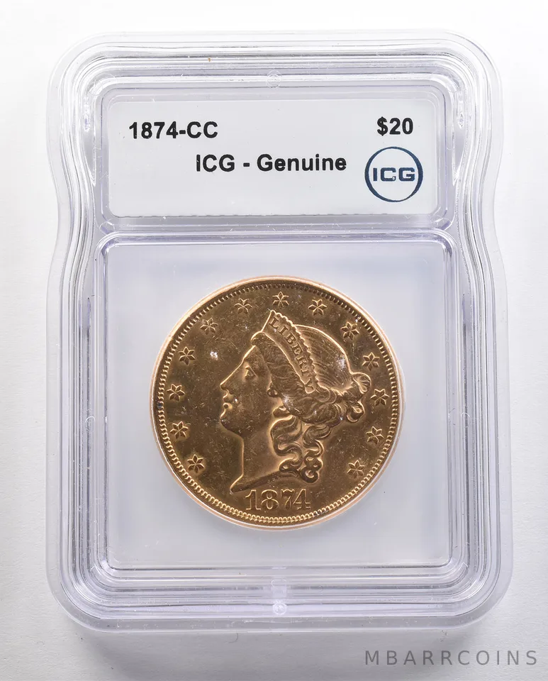 1874-CC $20 Liberty Head Gold Double Eagle Genuine ICG *4396