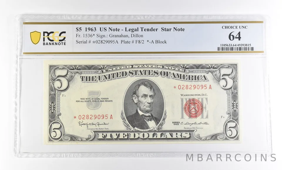 1963 $5 Legal Tender Star Note Fr#1536* Choice Unc 64 PCGS *2937