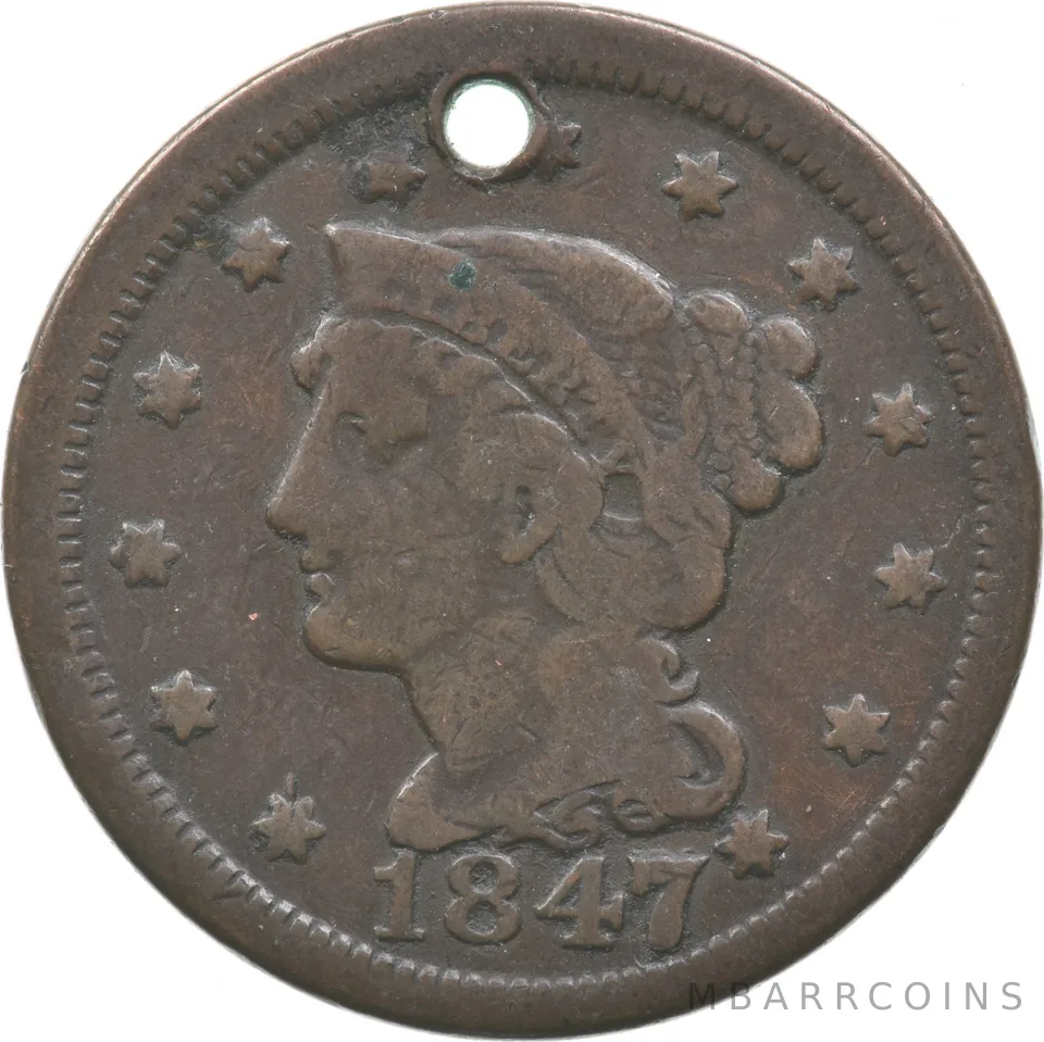 1847/7 Liberty Head Large Cent Holed a4786