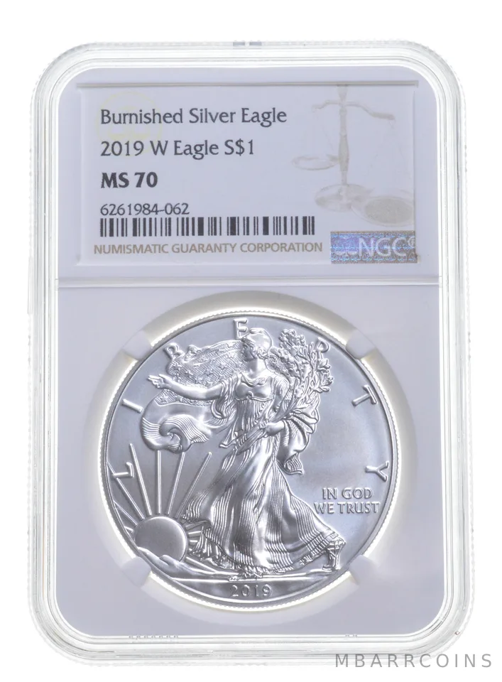 2019-W BURNISHED SILVER EAGLE MS70 NGC CLASSIC BROWN LABEL