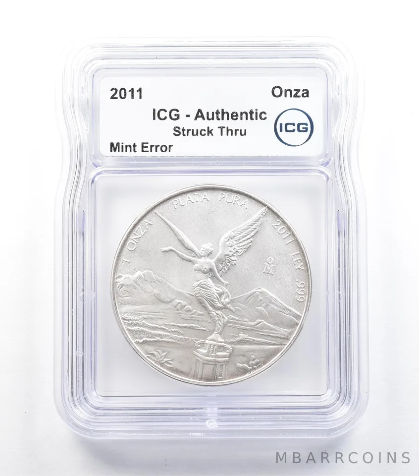 2011 Mo Mexico 1 Onza Silver Libertad Mint Error Struck Thru Authentic ICG *5046