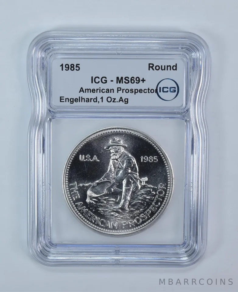 1985 Engelhard American Prospector 1 Oz Silver Round Eagle Reverse MS69+ ICG
