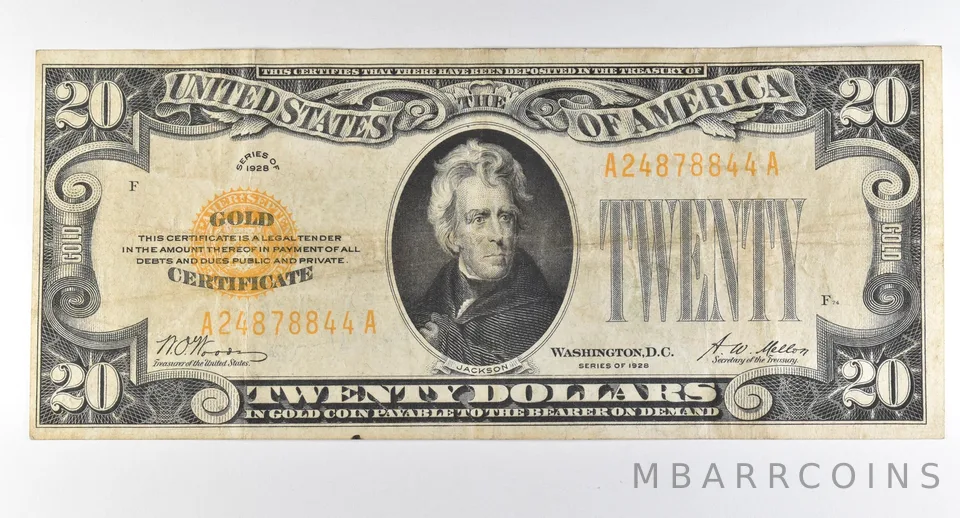 1928 $20 Gold Certificate Yellow Seal *8260