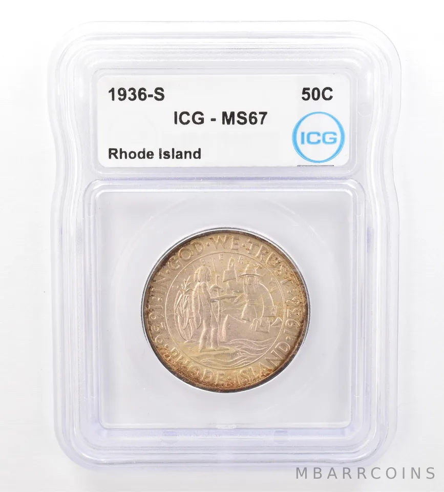 1936-S Rhode Island Commemorative Half Dollar MS67 ICG Beautiful Tone *7384