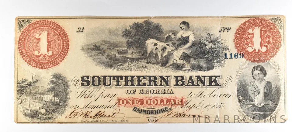 1858 $1 Bainbridge GA Southern Bank Of Georgia Obsolete Note *8800