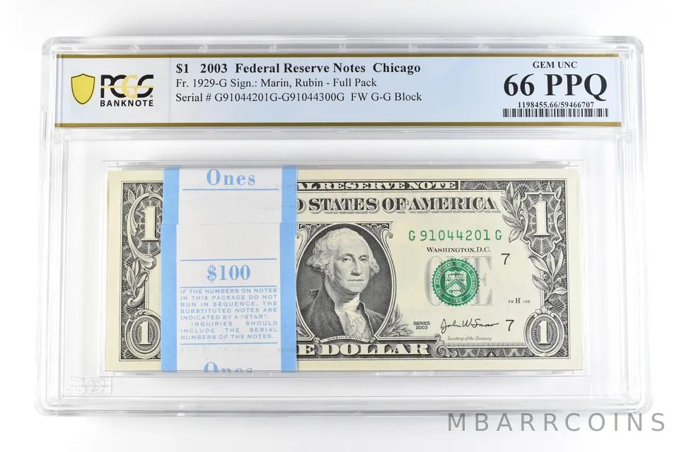 (100) 2003 $1 Chicago IL FRN Fr#1929-G Full Pack Gem Unc 66 PPQ PCGS *9856