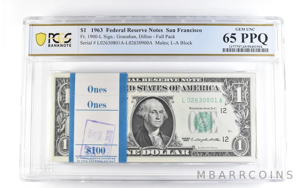 Lot (100) 1963 $1 San Francisco CA FRN Fr#1900-L Full Pack Unc 65 PPQ PCGS *1698