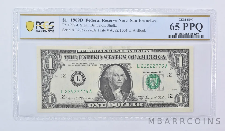 1969 D $1 San Francisco CA FRN Fr#1907-L Gem Unc 65 PPQ PCGS