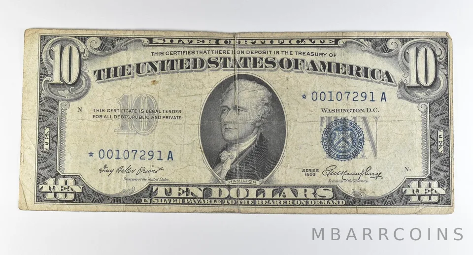 1953 $10 Silver Certificate Star Note Blue Seal *0355