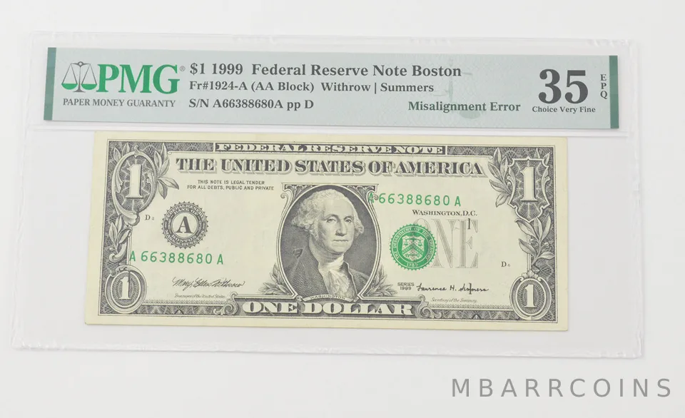 Choice VF35 EPQ 1999 $1 FRN Boston - FR#1924-A Misalignment Error - PMG a6571