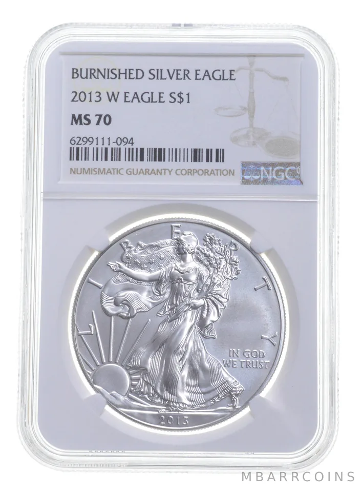 2013-W BURNISHED SILVER EAGLE MS70 NGC CLASSIC BROWN LABEL