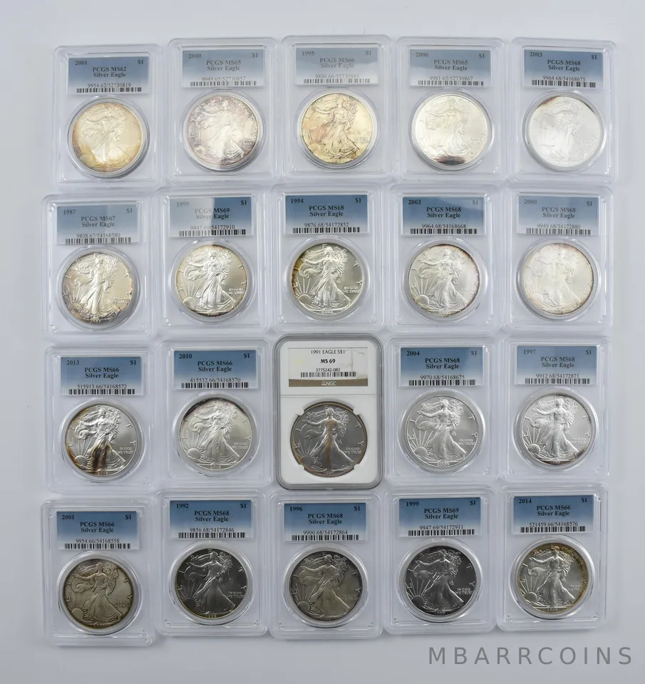 Lot (20) Nice Tone American Silver Eagle 19 PCGS 1 NGC Holder *2001