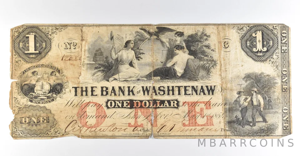 1854 $1 Bank Of Washtenaw MI Obsolete Note *8455