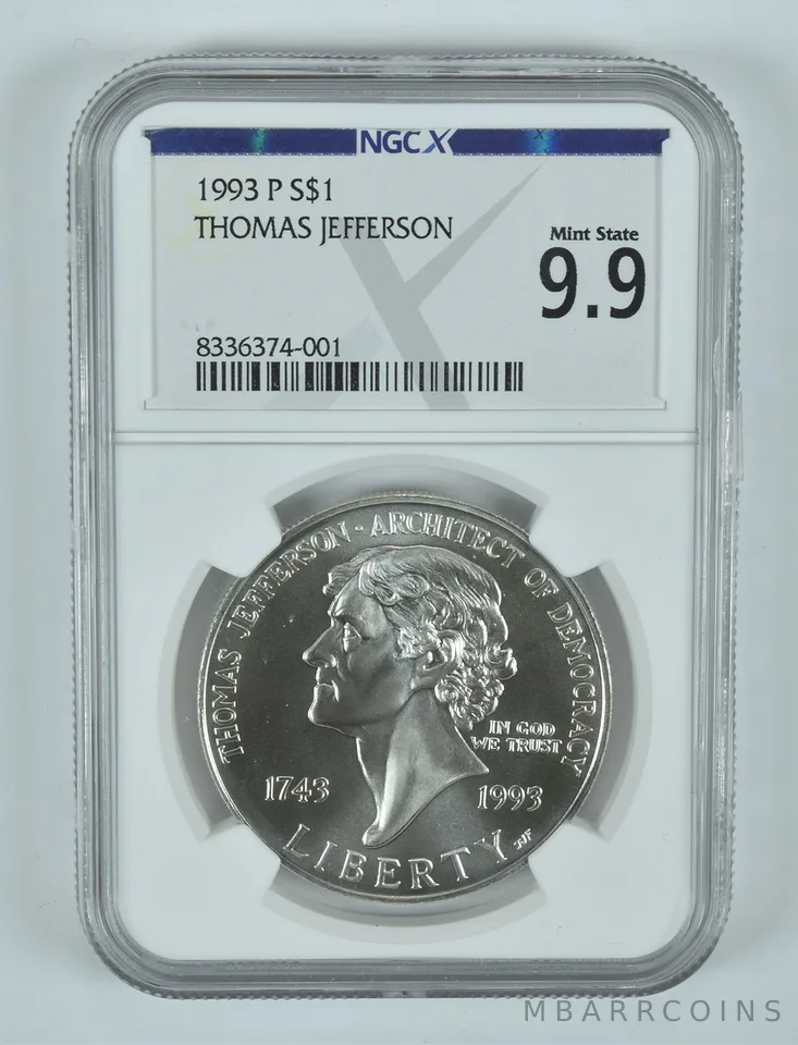 1993-P Thomas Jefferson Commemorative Silver Dollar MS 9.9 NGC X