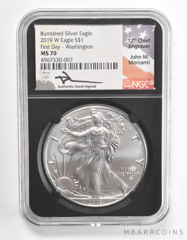 MS70 2019-W American Burnished Silver Eagle FDOI Washington Signed NGC a1082
