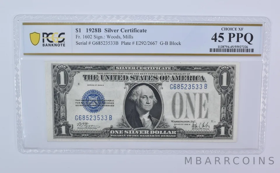 1928 B $1 Silver Certificate Fr#1602 Choice XF 45 PPQ PCGS *8113