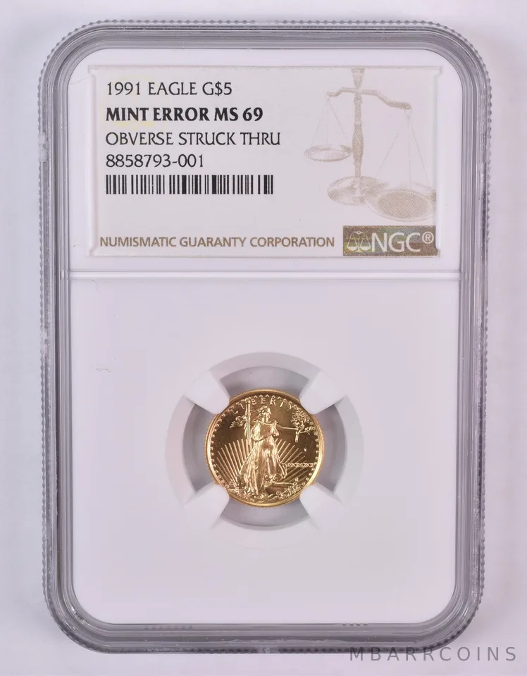 1991 $5 American Gold Eagle Mint Error Obv Struck Thru 1/10 Oz MS69 NGC *0997