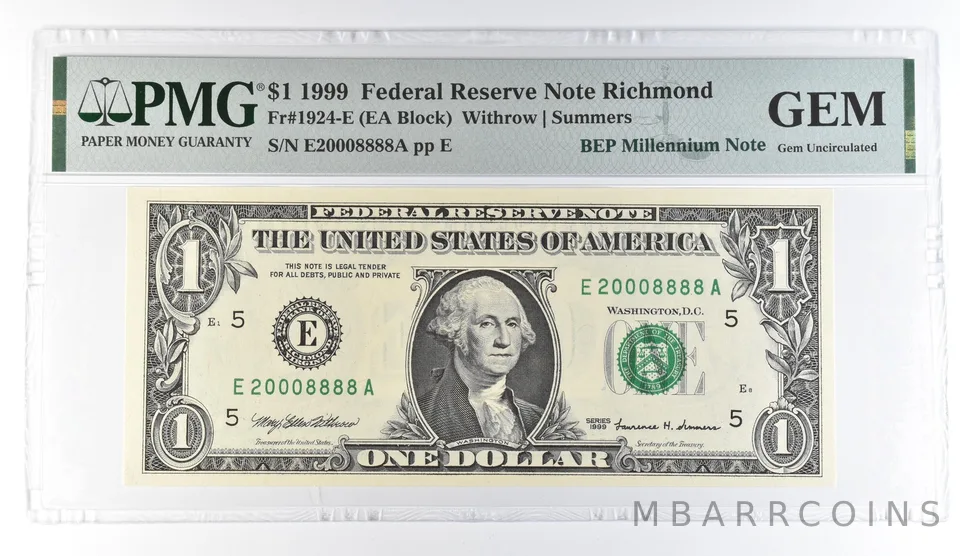 1999 $1 Richmond FRN Fr#1924-E BEP Millennium PMG Fancy Serial 8888 Luck 8 *8094