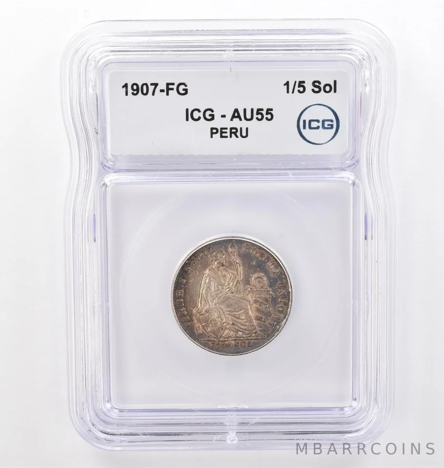 1907 FG Peru 1/5 Sol AU55 ICG Beautiful Tone *0124