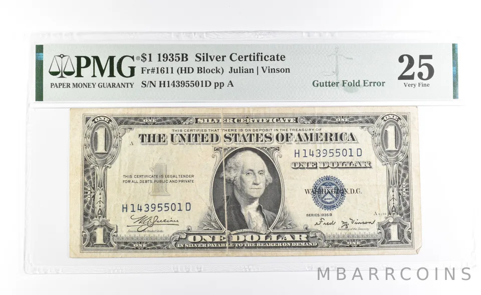 PMG 25 VF 1935 B $1 Silver Certificate Blue Seal Gutter Fold Error Fr#1611 *1001