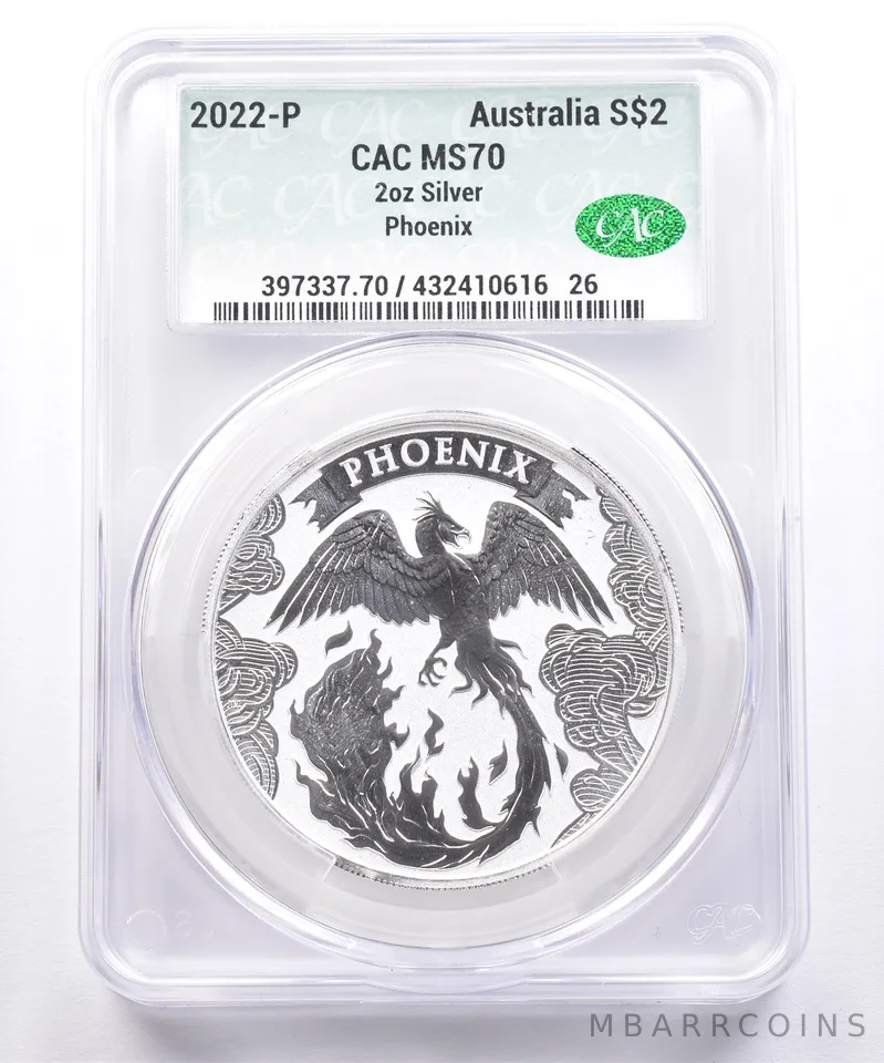 2022 P Australia 2 Dollars Silver Phoenix 2 Oz Silver MS70 CAC CACg