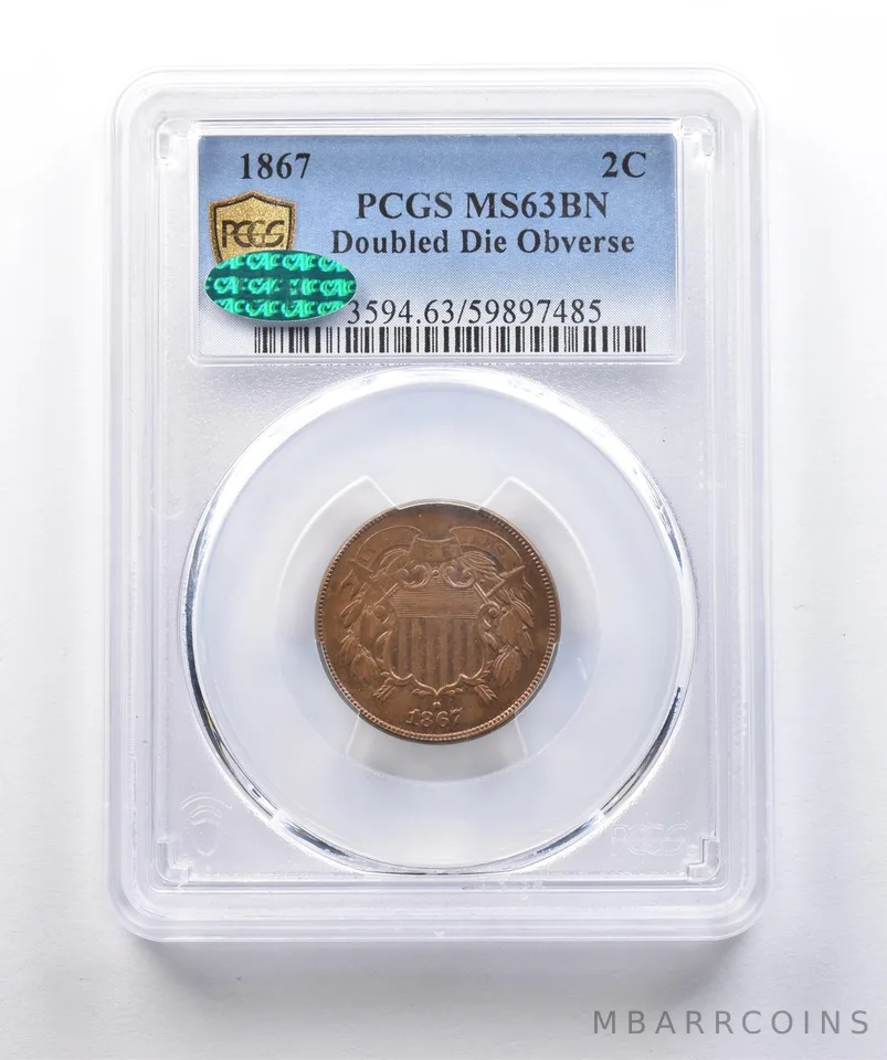 1867 Shield Two Cents Doubled Die Obverse MS63 BN PCGS CAC Rotate Die DDO a3012