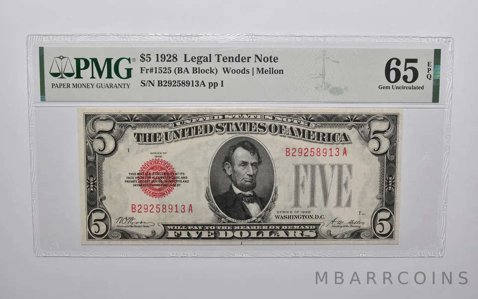 PMG 65 EPQ $5 1928 US Legal Tender Note FR#1525 (BA Block) Red Seal *4713