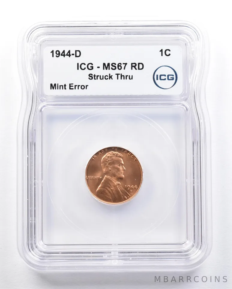 1944-D Lincoln Wheat Cent Mint Error Struck Thru MS67 RD ICG *1649