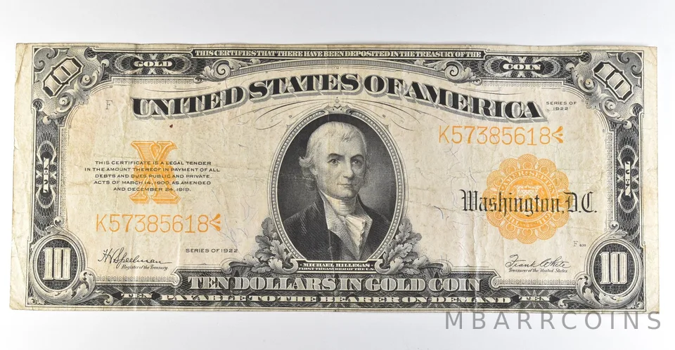 1922 $10 Gold Certificate Large Note Yellow Seal *8350