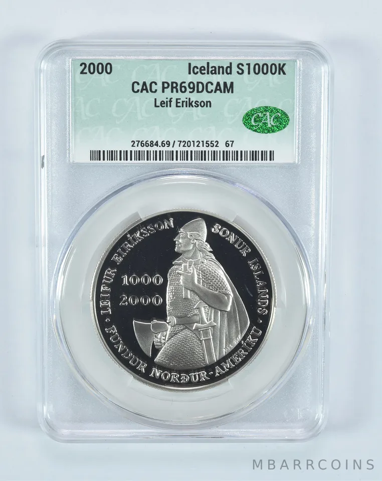 2000 Iceland Leif Ericson Commemorative Silver 1000 Kronur PR69 DCAM CAC CACg