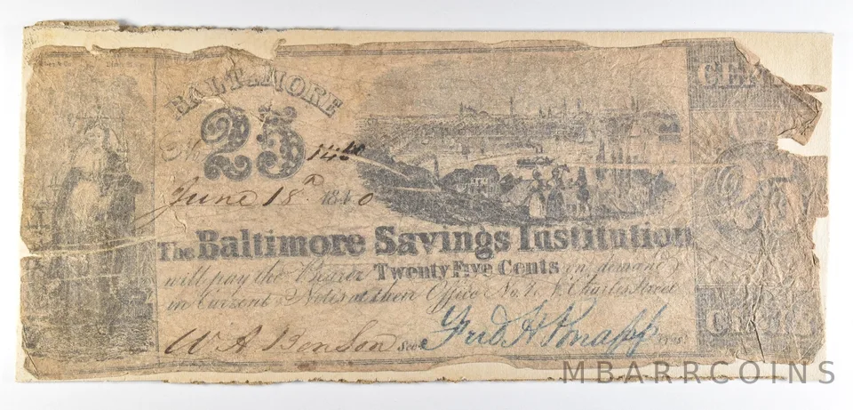 1840 25 Cents Baltimore MD Savings Institution Obsolete Note *8541