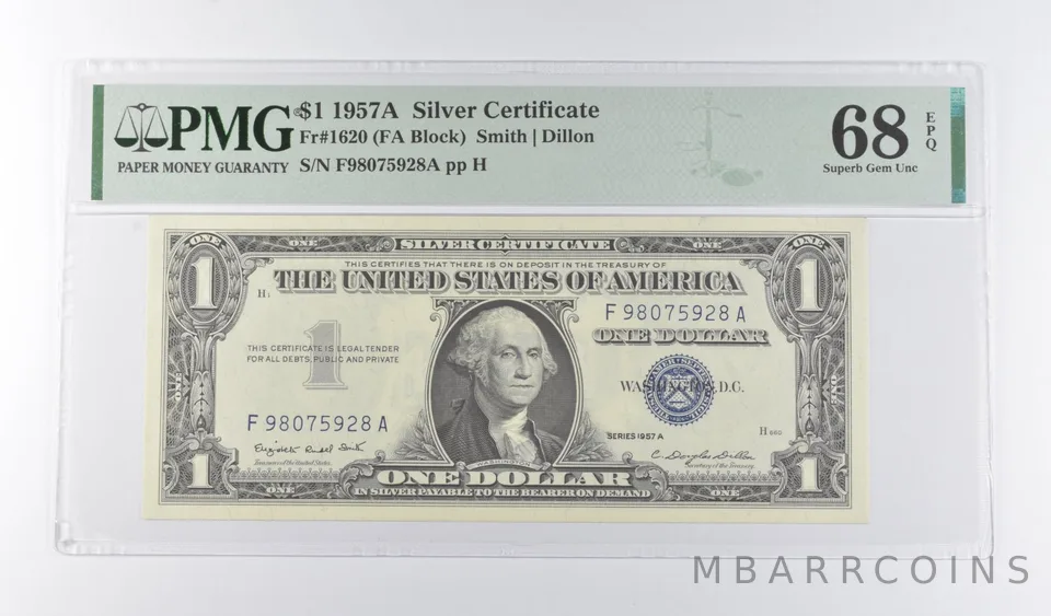 PMG 68 EPQ $1 1957-A United States Silver Certificate FR#1620 (FA Block) *7239