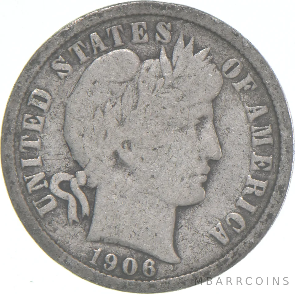 1906-P Barber Dime 90% Silver Average Circ