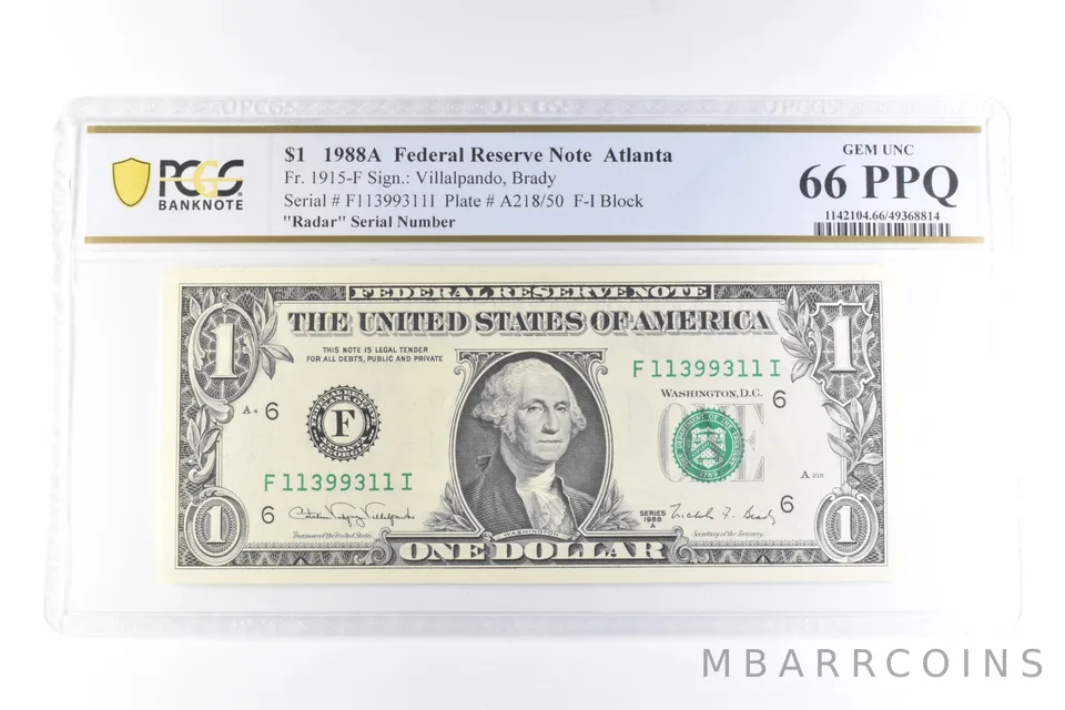 1988 A $1 Atlanta GA FRN Fr#1915-F Radar Serial Gem Unc 66 PPQ PCGS a6095