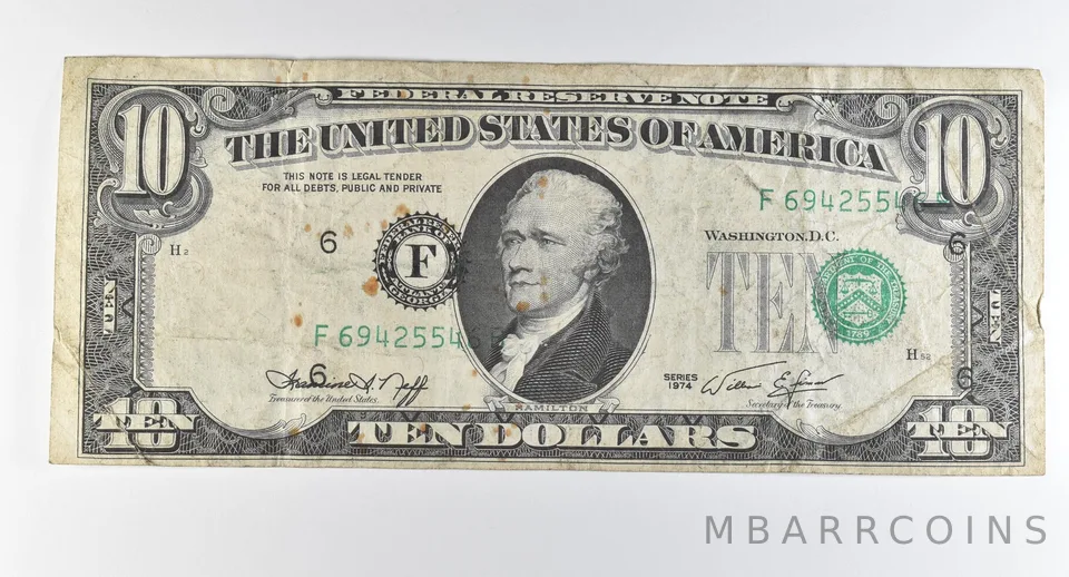 1974 $10 Atlanta GA FRN Misalignment Error Green Seal *0325