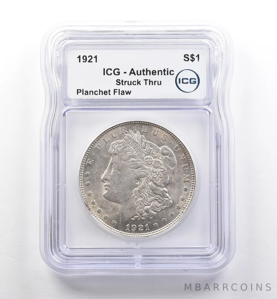 1921 Morgan Silver Dollar Struck Thru Planchet Flaw Authentic ICG *7503