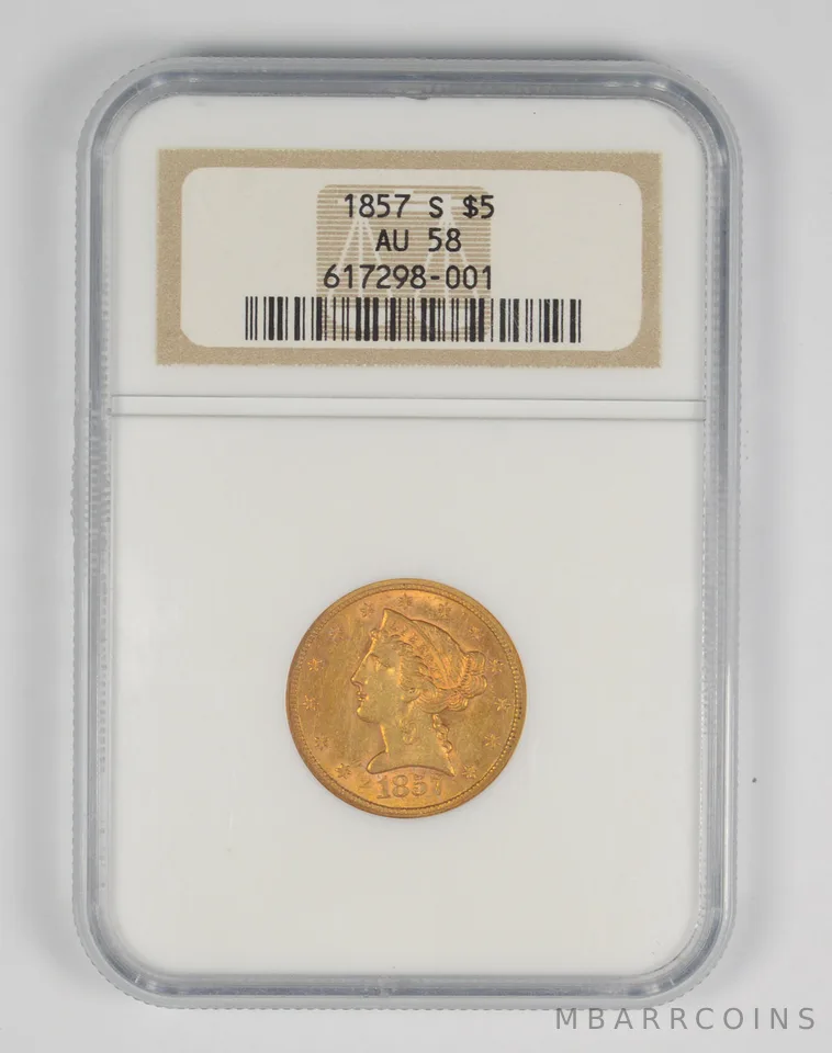AU58 1857-S $5.00 Liberty Head Gold Half Eagle - Graded NGC *9798
